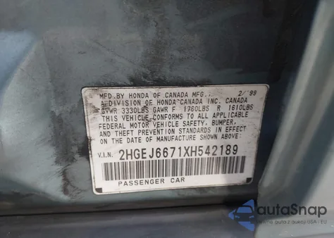 1999 Honda Civic Lx из США, поврежденный, VIN 2HGEJ6671XH542189